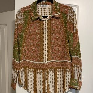 Rose & Olive Paisley Button-Down Shirt - Green, Pink, White